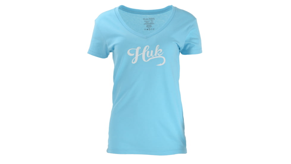 HUK Performance Fishing W Script Vneck Tops, Short Sleeve - Womens, Tahiti Blue Heather, Extra Small, H6100026-435-XS