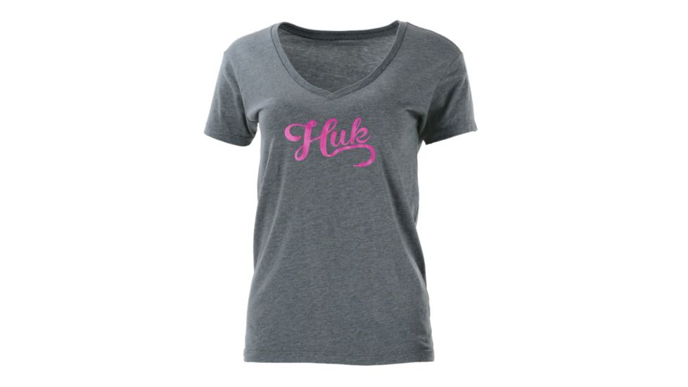 HUK Performance Fishing W Script Vneck Tops, Short Sleeve - Womens, True Grey Heather, Extra Small, H6100026-035-XS