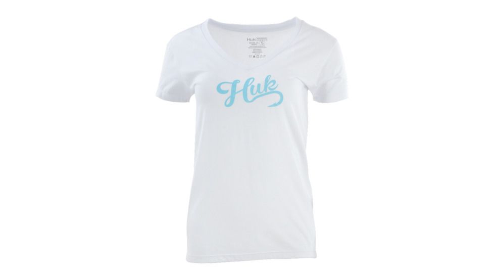 HUK Performance Fishing W Script Vneck Tops, Short Sleeve - Womens, White, Small, H6100026-100-S