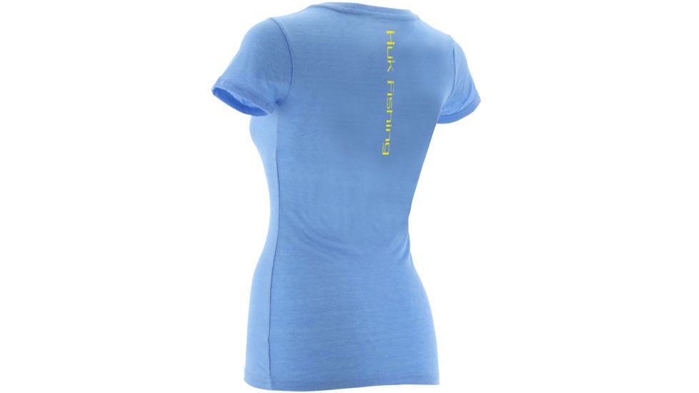 HUK Womens Script Vneck Tee, Heather Carolina Blue H1000047HCBXS
