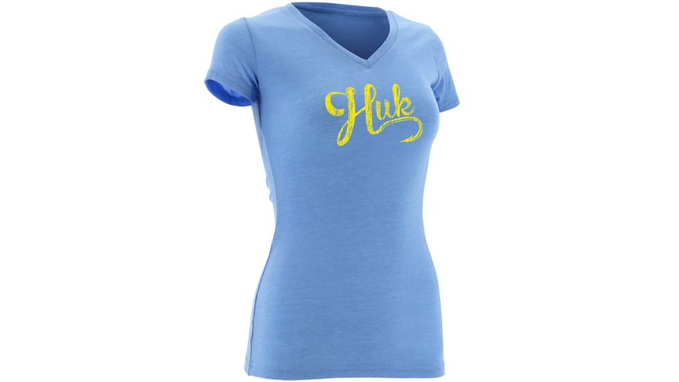 HUK Womens Script Vneck Tee, Heather Carolina Blue H1000047HCBXS