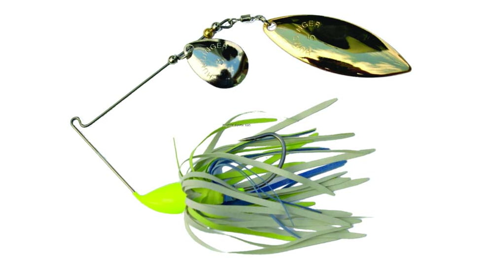 Humdinger Spinnerbait, Gold Colorado Blade/Nickel Willow Blade, 4/0 Hook, Chartreuse/Blue/White Skirt, 3/8oz, 21-E