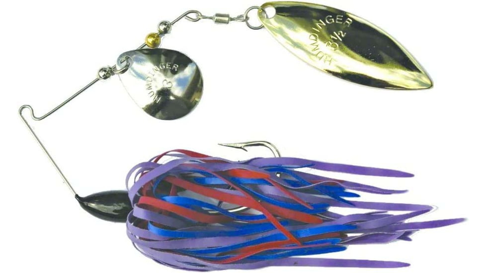Humdinger Spinnerbait, Gold Colorado Blade/Nickel Willow Blade, 4/0 Hook, Purple/Red/Blue Skirt, 1/4oz, 01-S
