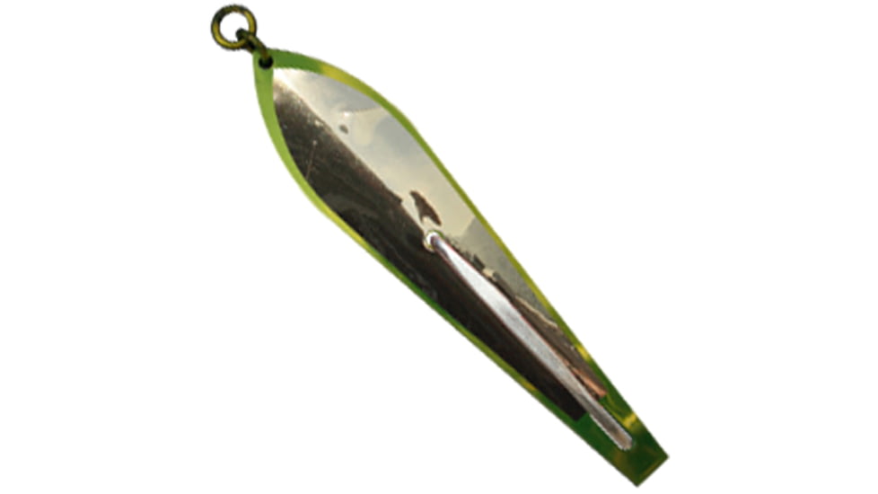 Huntington Lures Huntington Original Drone Spoon, 5 1/2in 10/0 Hook, 1-1/8oz, Electric Green/Mirror Gold Flash Scale, 3-1/2EGR-MGFS
