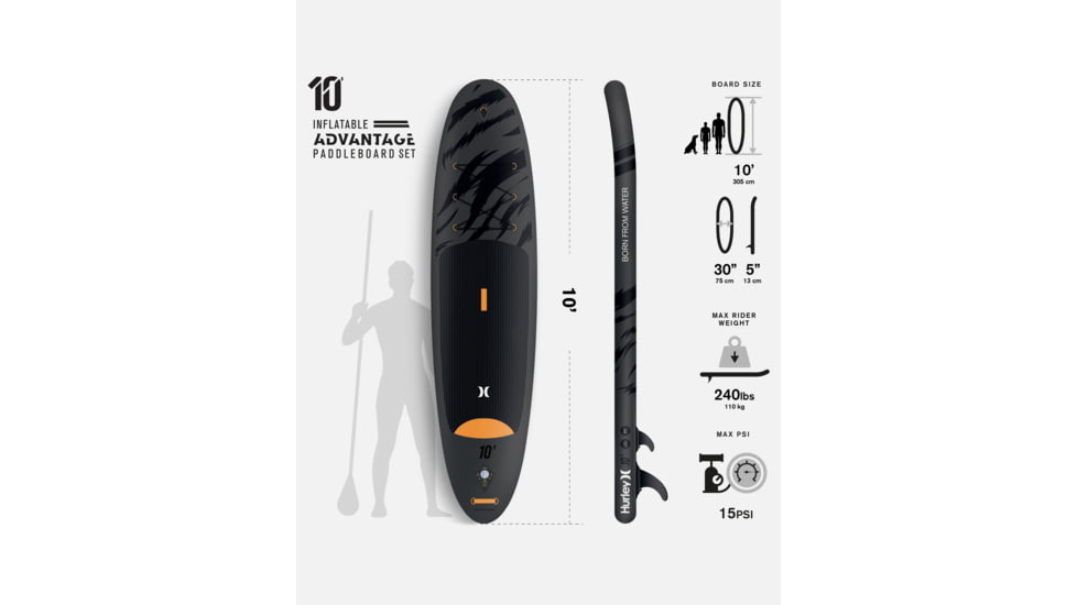 HURLEY Advantage Inflatable Paddle Board Set, 10ft, Black Tiger, HUR-004
