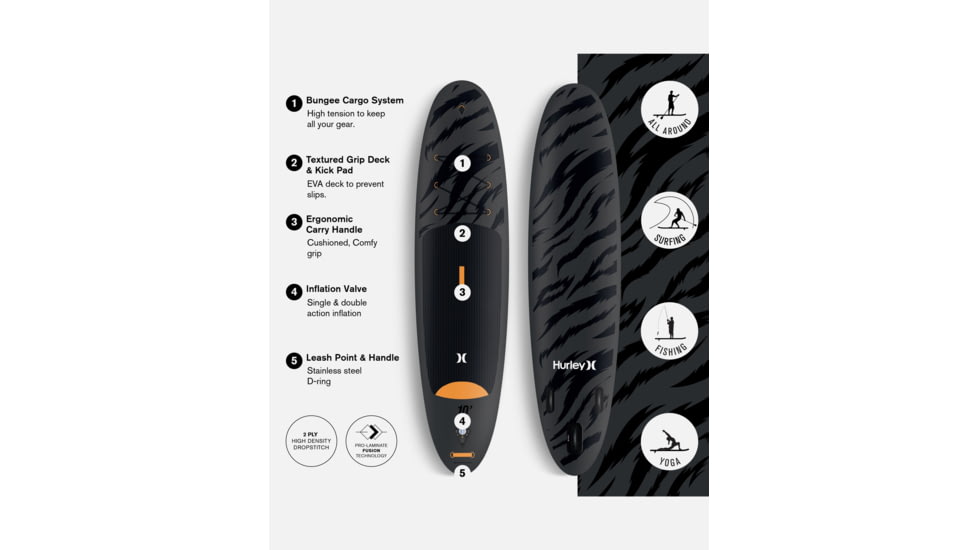 HURLEY Advantage Inflatable Paddle Board Set, 10ft, Black Tiger, HUR-004