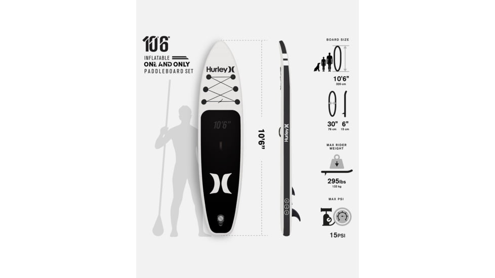 HURLEY One And Only Inflatable Paddle Board Set, 10ft 6in, White/Black, HUR-007
