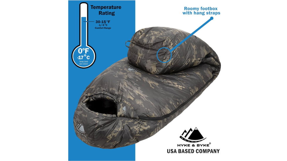 Hyke &amp; Byke Katahdin Ranger Fill Power Hydrophobic Sleeping Bag w/ Advanced Synthetic, 625FP, 0F Degrees, Night Camo, 6700051595341