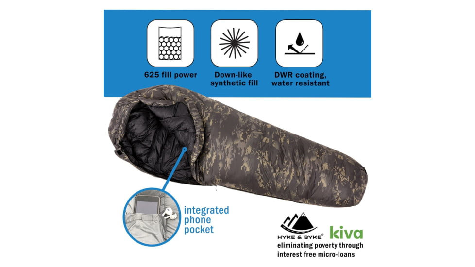 Hyke &amp; Byke Katahdin Ranger Fill Power Hydrophobic Sleeping Bag w/ Advanced Synthetic, 625FP, 0F Degrees, Night Camo, 6700051595341