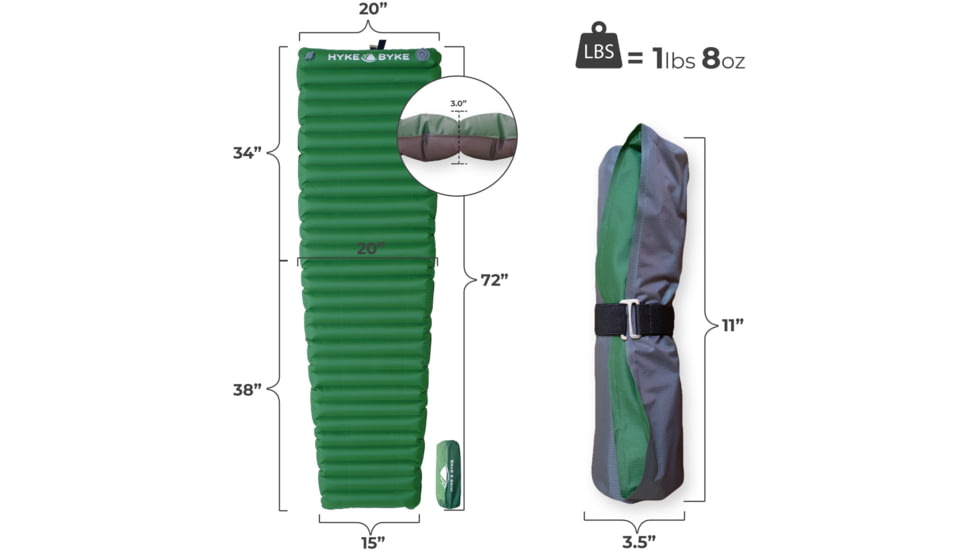 Hyke &amp; Byke Ultralight Appalachian Inflatable Sleeping Pad w/ Micro-Adjustment Valve, Green, 4827907817549