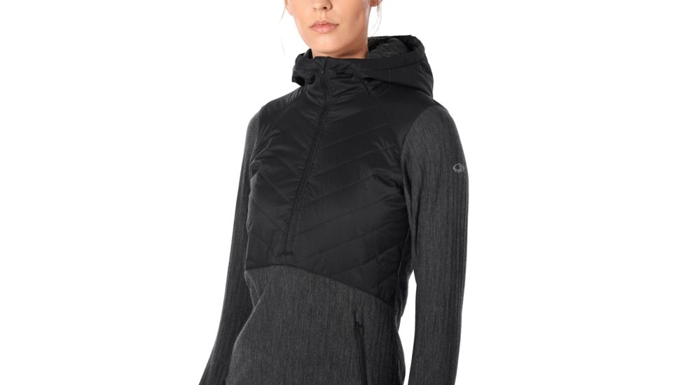 Icebreaker Descender Hybrid Long Sleeve Half Zip Hood - Womens, Black/Jet HTHR, Large, 104281A05L