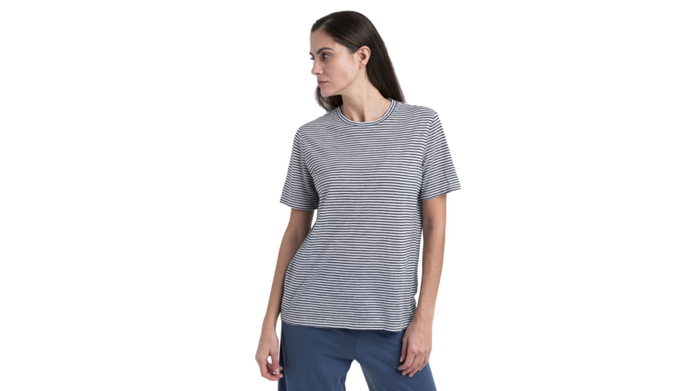 Icebreaker Merino Linen SS Tee Stripe - Womens, Snow/Midnight Navy/S, Extra Small, IB0A56ZYA78XS