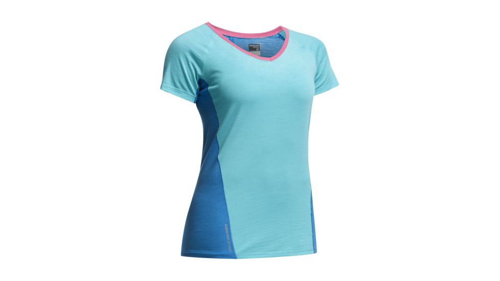 Icebreaker Spark Short Sleeve V Top - Womens-Aquamarine/Force/Shocking-Large