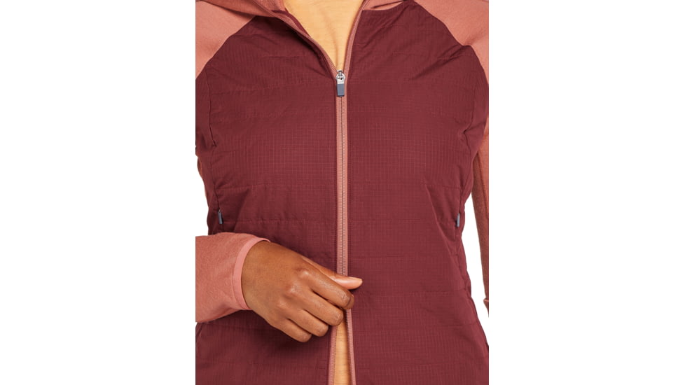 Icebreaker Women Merino Quantum Hybrid LS Zip Hoodie, Cedar Wood/Port/CB, S, IBBA56SZ02TS