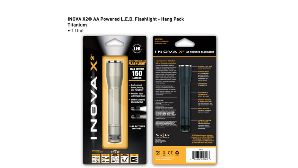 Inova X2 Flashlight, Titanium, Dual Mode, Gift Box X2DM-GT