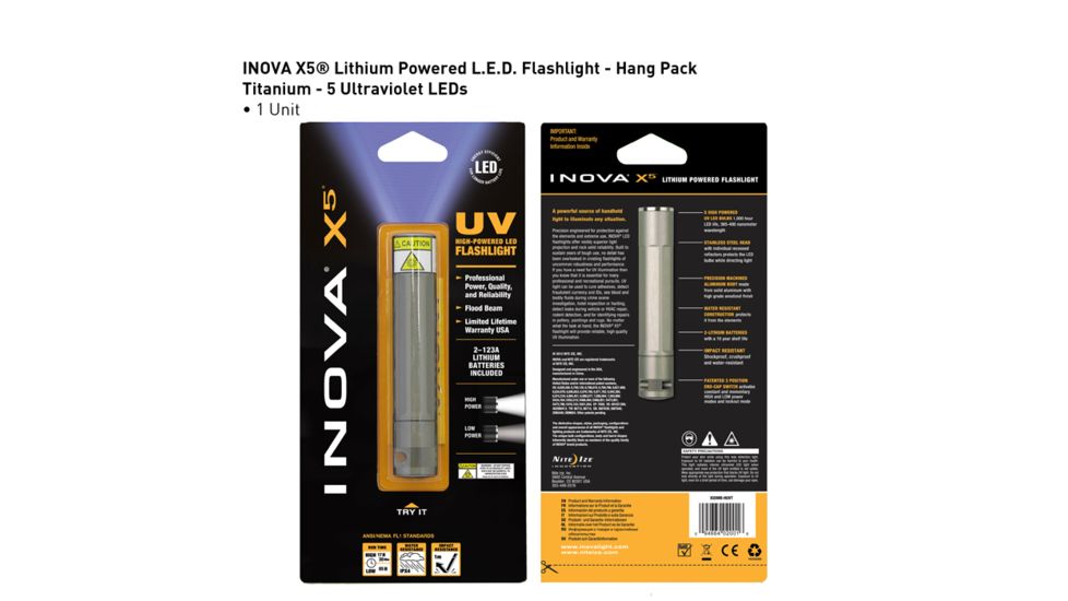 Inova X5 Lithium Powered 31 Lumens LED Flashlight, Titanium, 5 Ultraviolet LEDs, Dual Mode X5DMB-HUVT