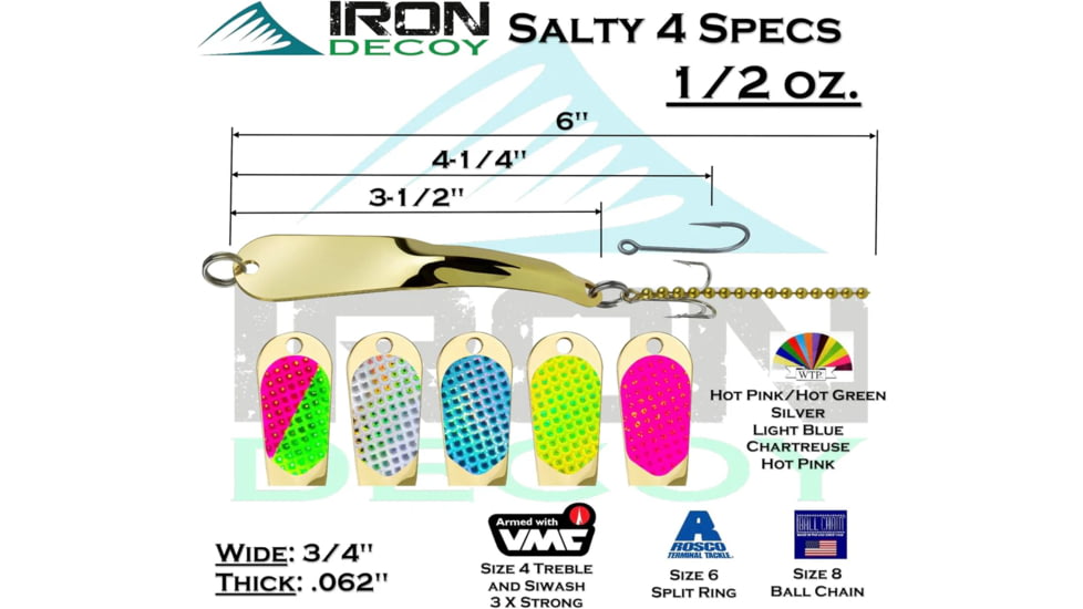 Iron Decoy Salty 4 Lure 3.5'', Gold/Chartreuse/Lblue/Hot Pink/Watermelon/Silver, 1/2 oz, Salty 4 G