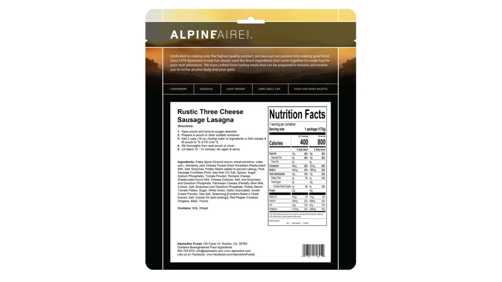 Katadyn Alpine Aire Foods Rustic Three Cheese Sausage Lasagna, 60625