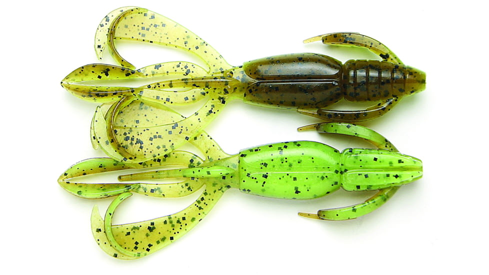 Keitech Crazy Flapper, Green Pumpkin Chartreuse, 3.6in Twin Tail Craw/Creature, 7Pk, Bag/Blister Pack, Squid Scent Infused, CF36401