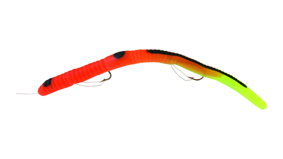 Kellys Weedless Bass Crawler Pre-Rigged Plastic Worm, 6 1/2in, 2 Sz 4 Weedless Hooks, Orange/Chartreuse Firetail, WBC108-O/CT