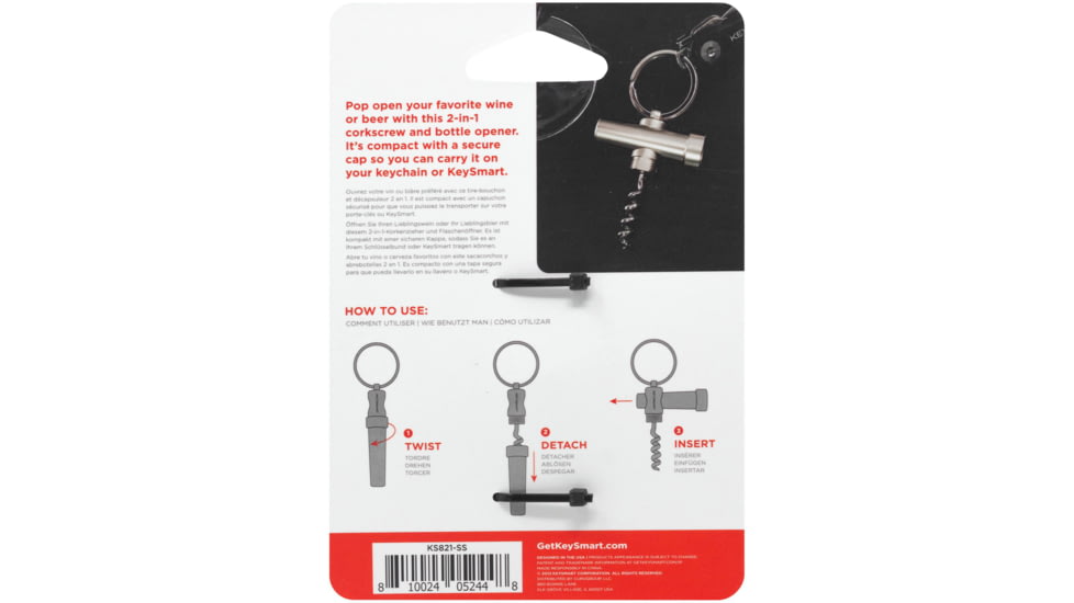 KeySmart CorkSmart Keychain Wine &amp; Bottle Opener, Stainless, KS821-SS