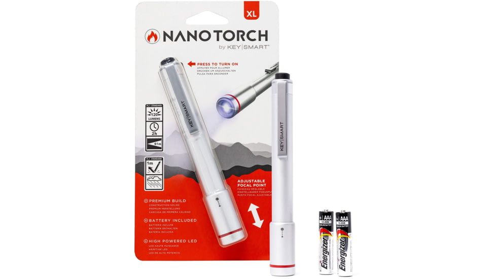 KeySmart Nano Torch XL Compact Pen Light, 120 Lumens, Silver, KS818-SVR