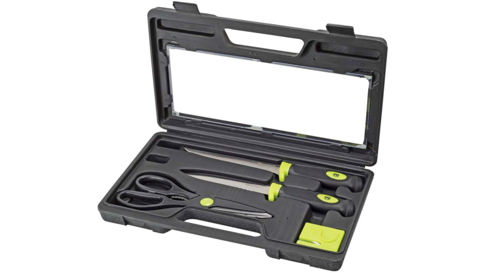 Kilimanjaro Gear 5pc Fishing Set,Green,5in,7in Fillet,bone cutter,sharpener,board,case KJ910063