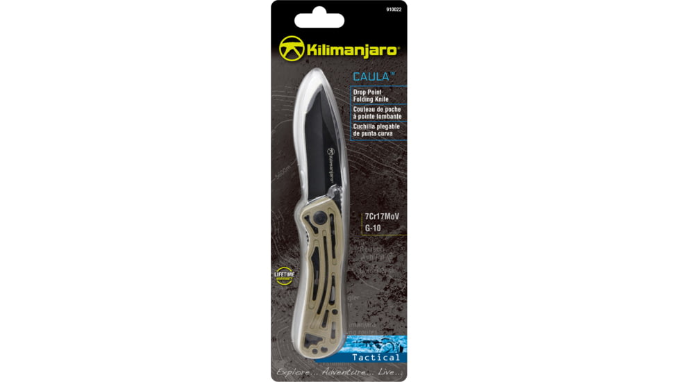 Kilimanjaro Gear Caula Folding Knife,3.4in,Tan Skeletonized G10 Handle, Black Plain Blade KJ910022