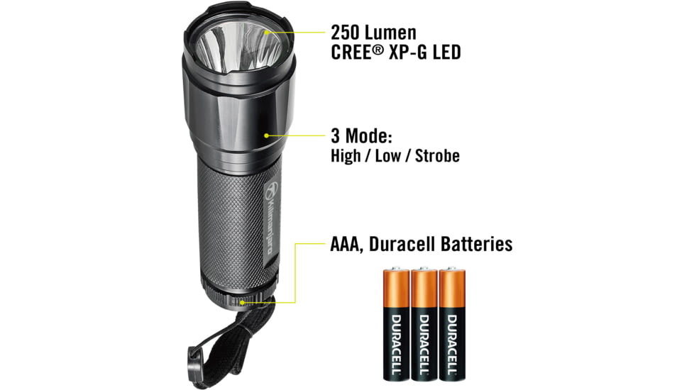 Kilimanjaro Gear LED Flashlight 2pk, Black, 250 Lumens, 3 AAA Included KJ910080, EDEMO1