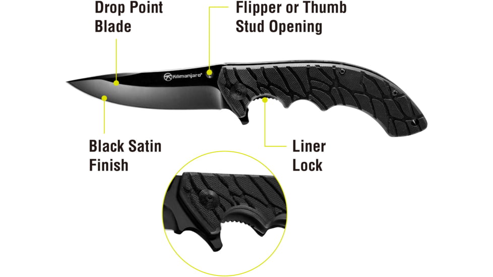 EDEMO Kilimanjaro Gear Makazi Folding Knife,3.8in, Black G10 Handle,Plain Black Blade KJ910083, EDEMO1