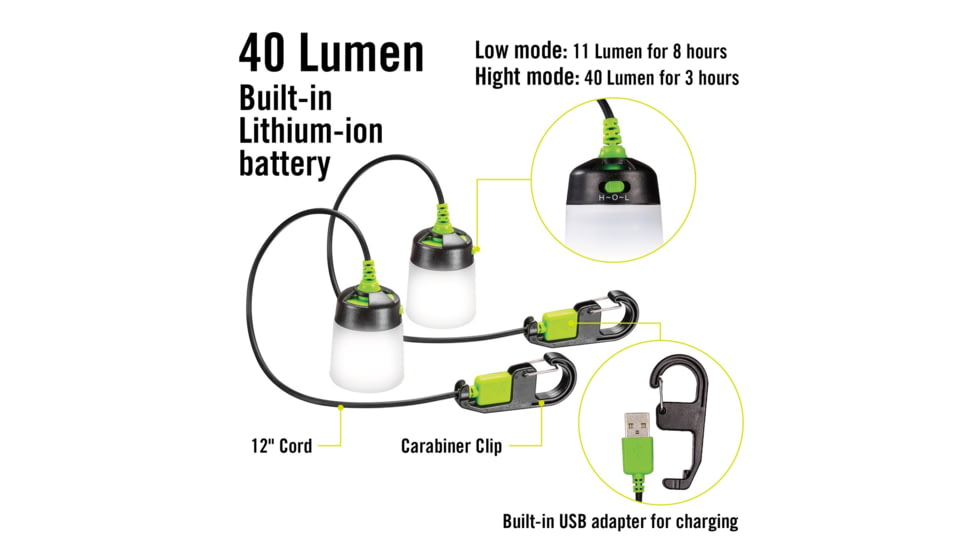Kilimanjaro Gear The Lumavine Rechargeable Mini LED Lantern, Lithium ION, 11-40 Lumen, Green, 910271E