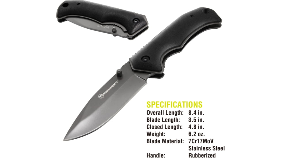 Kilimanjaro Gear Victus Folding Knife,3.5in, Black Handle, Black Plain Edge KJ910048