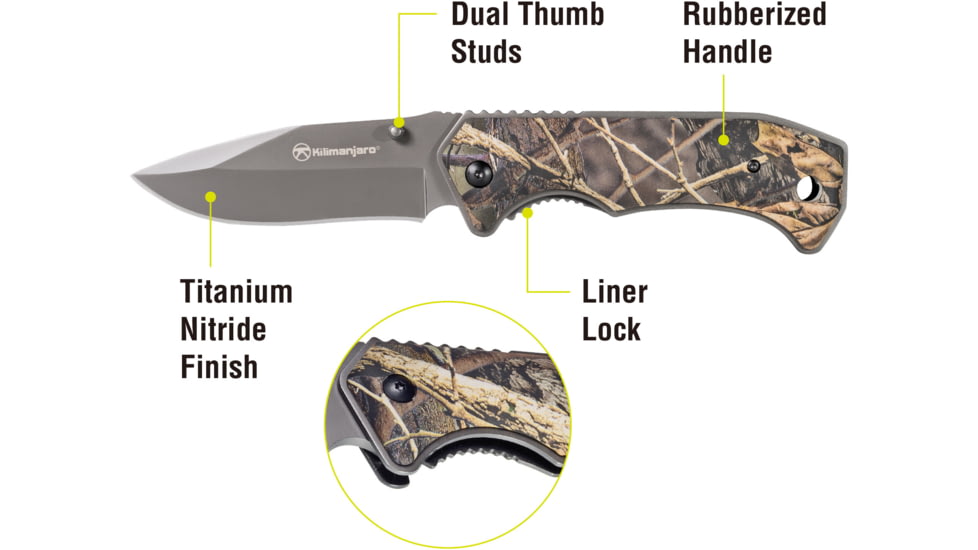 Kilimanjaro Gear Victus Folding Knife,3.5in,Camo Handle, Black Plain Edge KJ910087