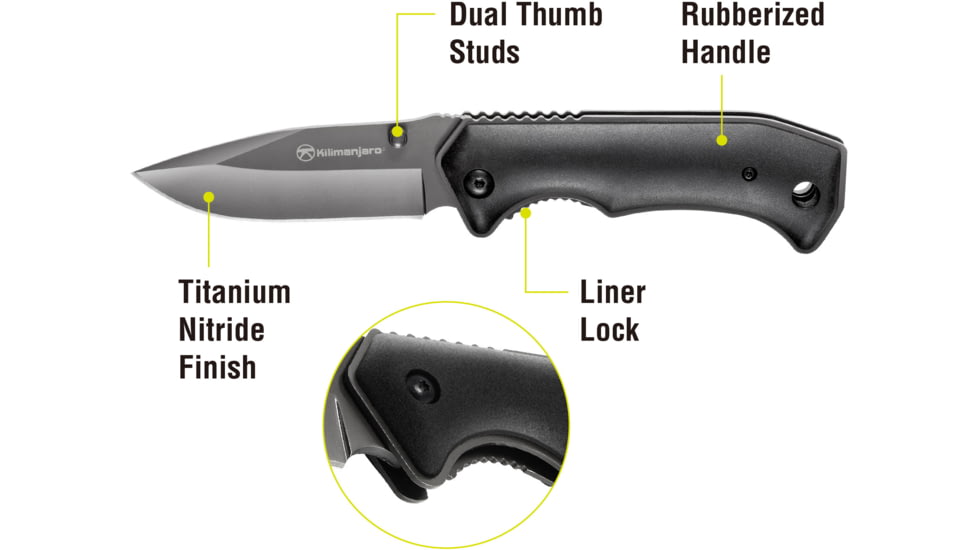 Kilimanjaro Gear Victus Folding Knife,3in, Black Handle, Black Plain Edge KJ910085