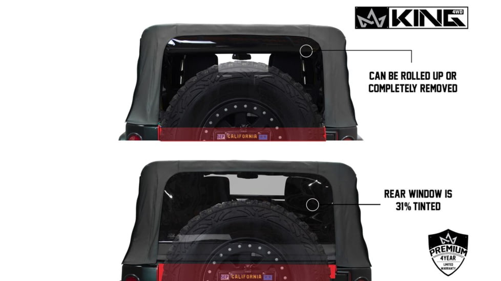 King 4WD Replacement Soft Top, Jeep Wrangler Unlimited JK 4 Door 2007 - 2009, w/ Tinted Windows, Black Diamond, 14010435
