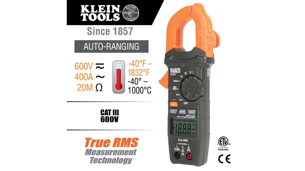 Klein Tools 400 Amps AC Auto-Ranging Digital Clamp Meter, w/ Temp, CL220