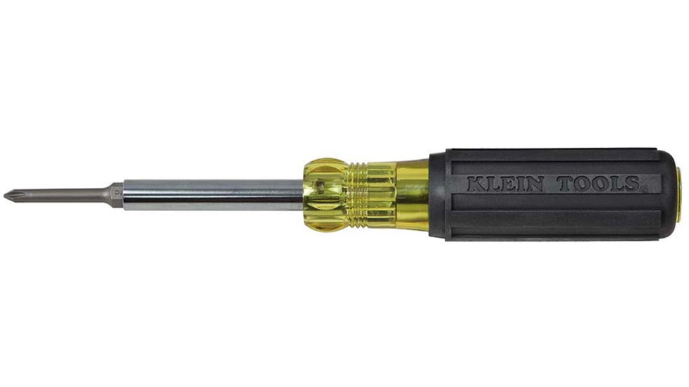 Klein Tools 6in1 Multi Bit Screwdriver/Nut Driver, Extended Reach, Ph, Sl, Sq, Black/ Yellow, 32560