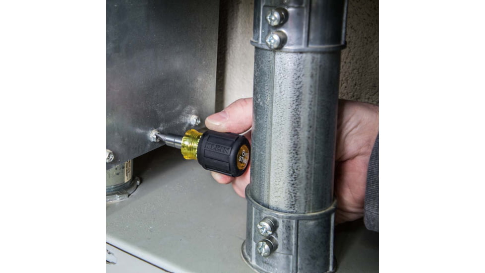 Klein Tools 6in1 Multi-Bit Screwdriver/Nut Driver, Stubby, Ph, Sl, Sq Bits, Black/Yellow, 32562