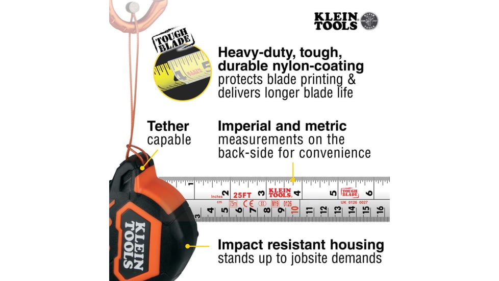 Klein Tools 7.5 Meter Tape Measure, Magnetic Double-Hook, Orange/Black, 9375