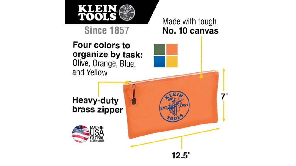 Klein Tools Canvas Tool Pouches Zipper Bags, 4-Pack, Olive, Orange, Blue, Yellow, 5140