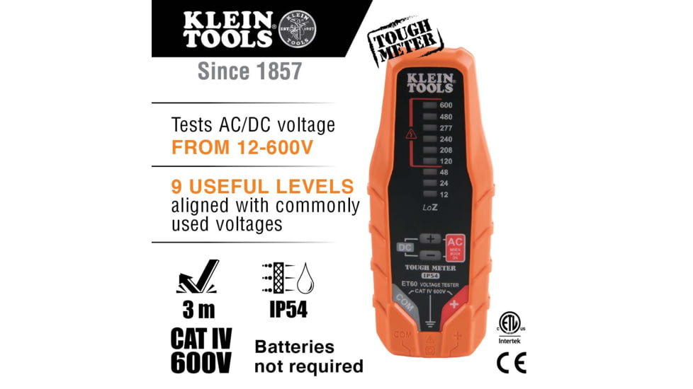 Klein Tools Electronic AC/ DC Voltage Tester, 12 - 600V, Orange/Black, ET60