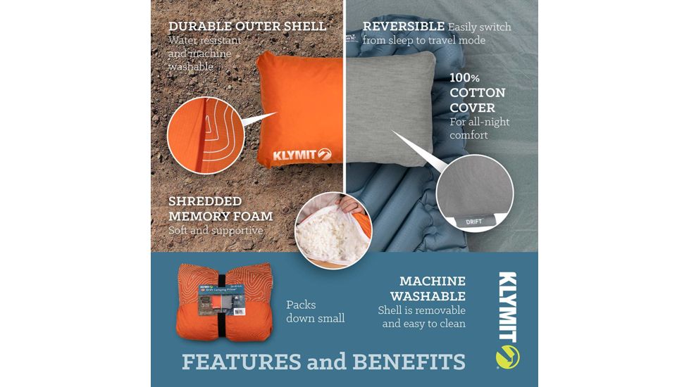 Klymit Drift Car Camp Pillow, Orange, Regular, 12DROR01C