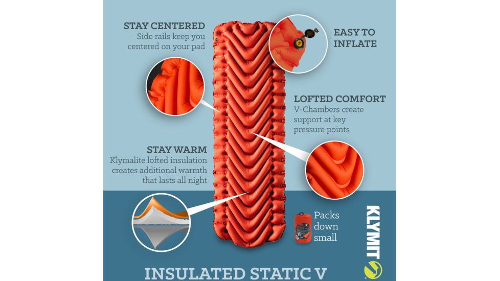 Klymit Insulated Static V Lite Sleeping Pad, Mango, Regular, 06I2OR03C