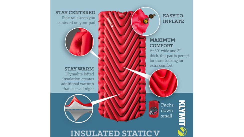 Klymit Insulated Static V Luxe Sleeping Pad, Red, Extra Large, 06LIRD02D