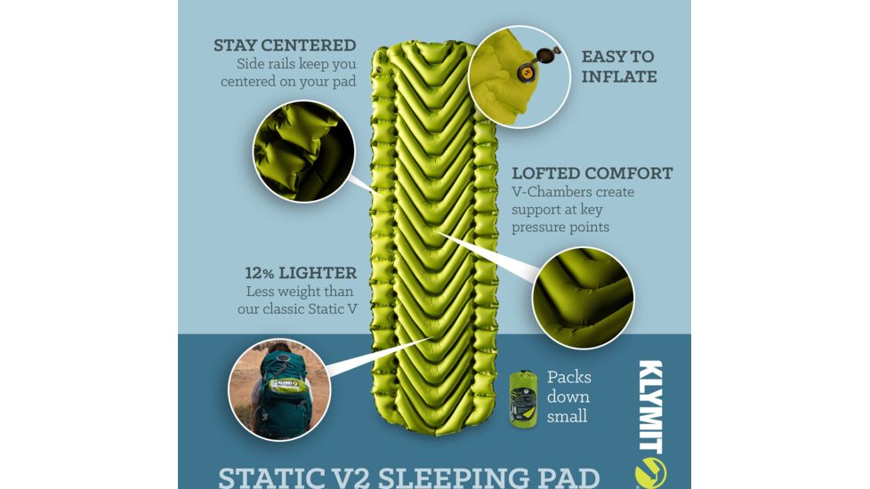 Klymit Static V2 Sleeping Pad, Light Green, Regular, 06S2GR03C