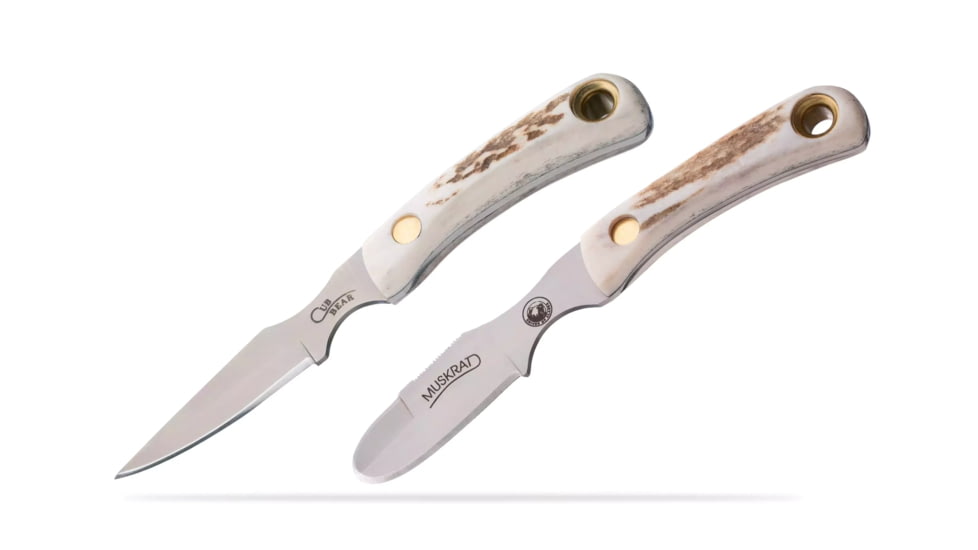 Knives of Alaska Muskrat/Cub Bear Combo Fixed Blade Knives, 2.25in/2.75in, Magnacut Stainless Steel, Round Tip/Caping Blade, Stag, White/Brown, 00107FG
