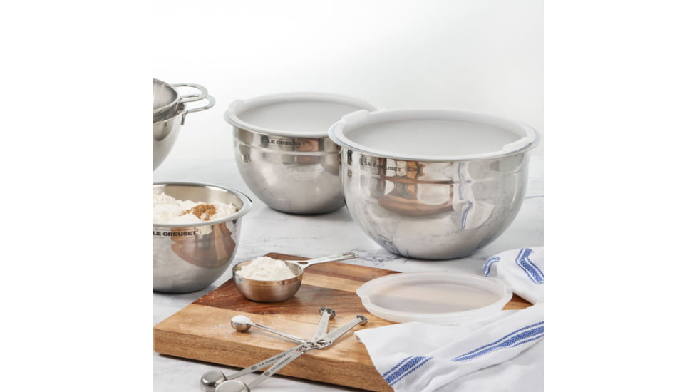 Le Creuset Nested Mixing Bowls w/ Nonslip Silicone Base &amp; Plastic Air Tight Lids, Steel, ST00007000001005