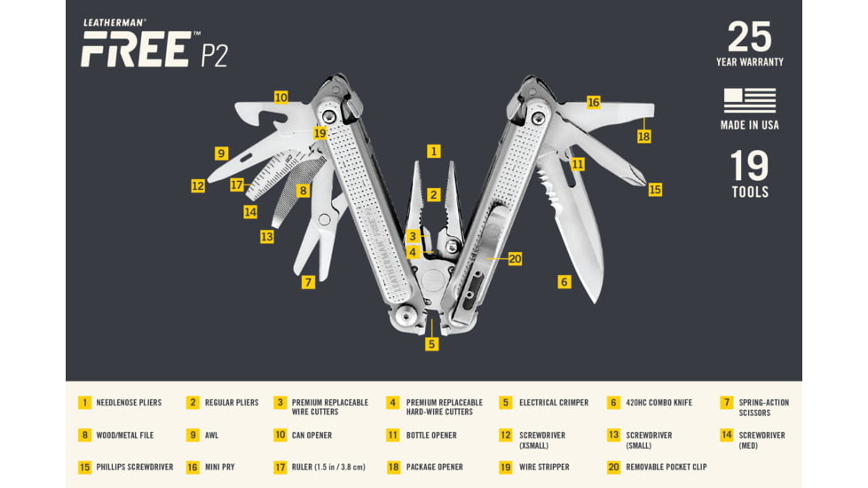 Leatherman FREE P2 Multi-Tools, 19 Tools, Stainless Steel, 037447006586