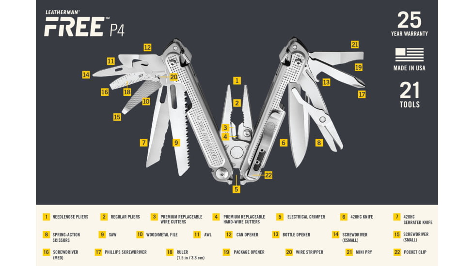 Leatherman FREE P4 Multi-Tools, 21 Tools, Stainless Steel, 037447006623