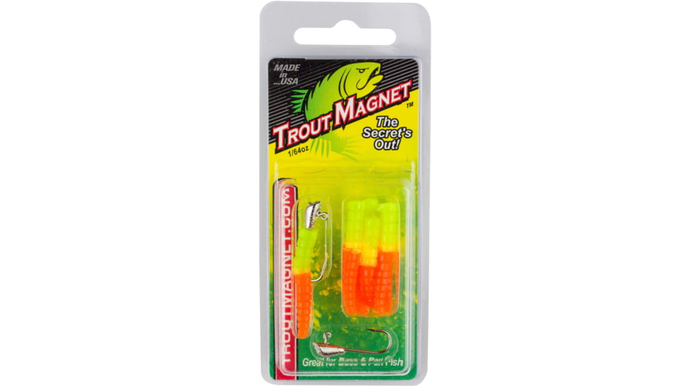 Leland Trout Magnet 9 Pc. Pack, 1/64 oz, 7 Bodies and 2-1/64 oz Size 8 Jigheads, Chartreuse And Orange, 87632